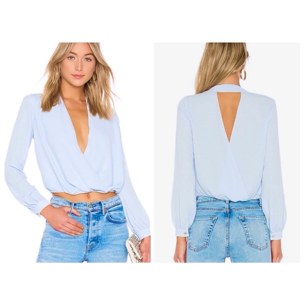 $128 LOVERS + FRIENDS S WHISPER CROP TOP WRAP LIGHT BLUE ELASTIC WAIST LONG SLV